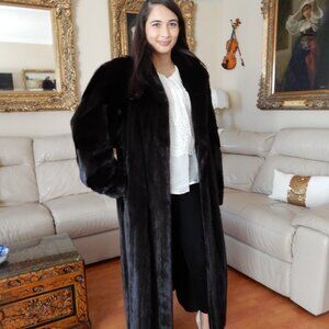VTG.Barth Wind Genuine Dark Brown Shiny Mink Fur Coat Full Length L/XL